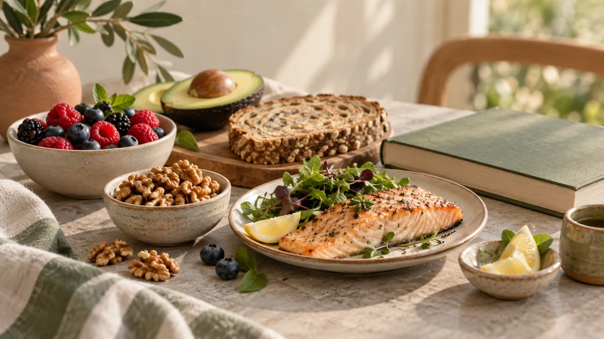 گردو، میوه، غلات و ماهی در کنار کتاب