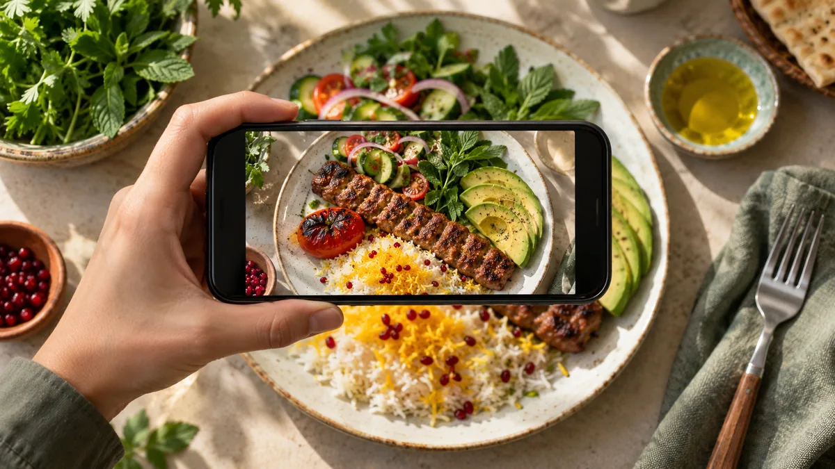 عکس‌گرفتن از بشقاب غذا با گوشی، همراه با مخلفات