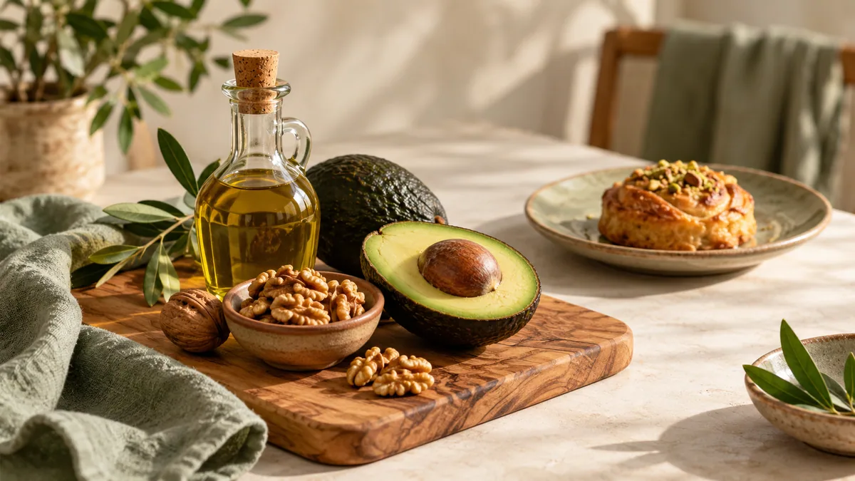 روغن زیتون، گردو، آووکادو و یک شیرینی در ظرف‌های جدا