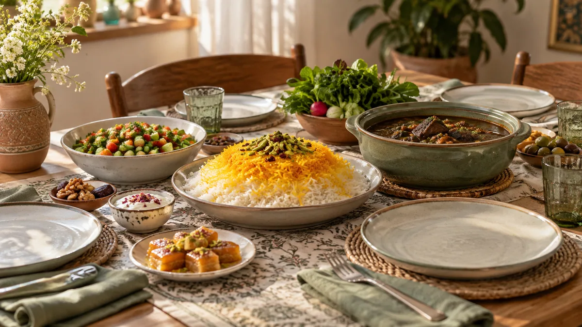 میز مهمانی با غذای ایرانی، سالاد و ظرف‌های سهم