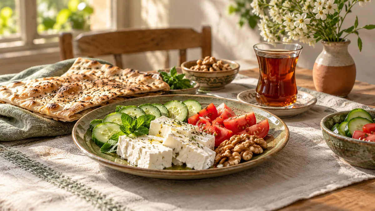 صبحانه ایرانی با نان، پنیر، گردو، خیار و گوجه
