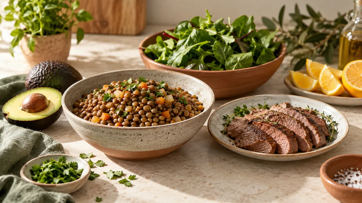 عدس، گوشت، سبزی و مرکبات در چیدمان غذایی