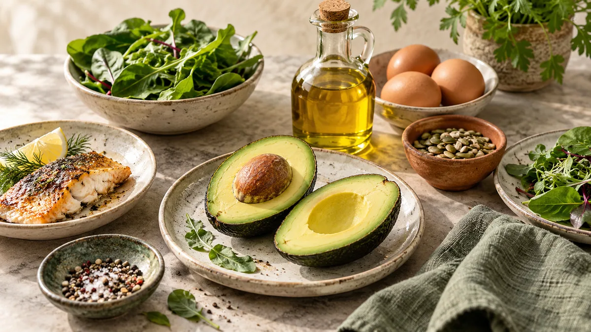 آووکادو، تخم‌مرغ، سبزیجات و ماهی در چیدمان غذایی