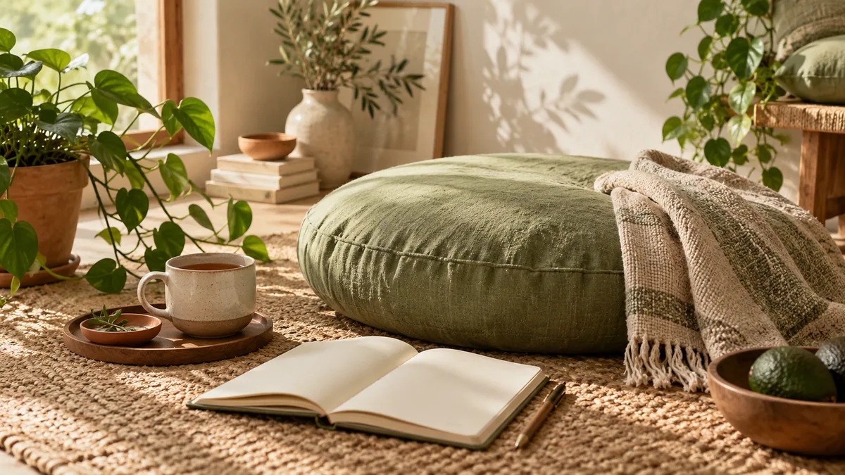 گوشه‌ای آرام با بالشتک، گیاه و دفتر یادداشت