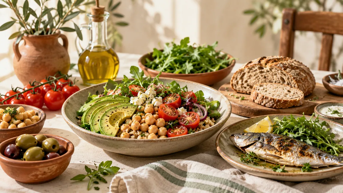 ترکیبی از حبوبات، سبزیجات، روغن زیتون، غلات و ماهی