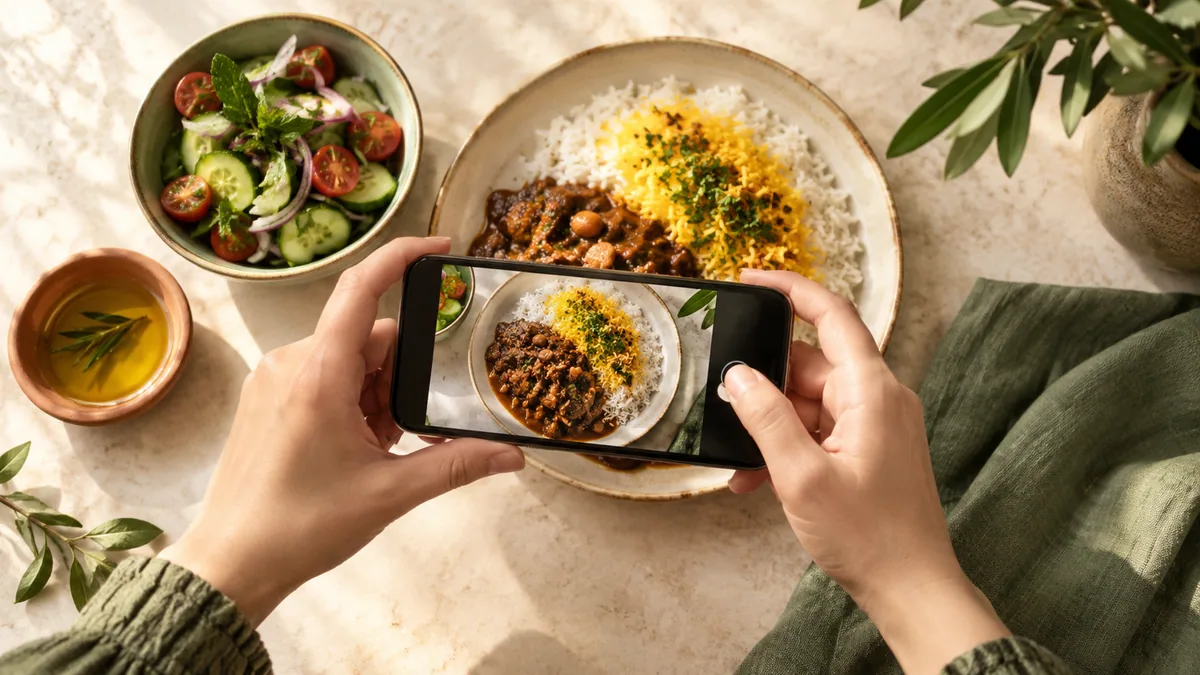 ثبت عکس برنج و خورش همراه با سالاد و مخلفات