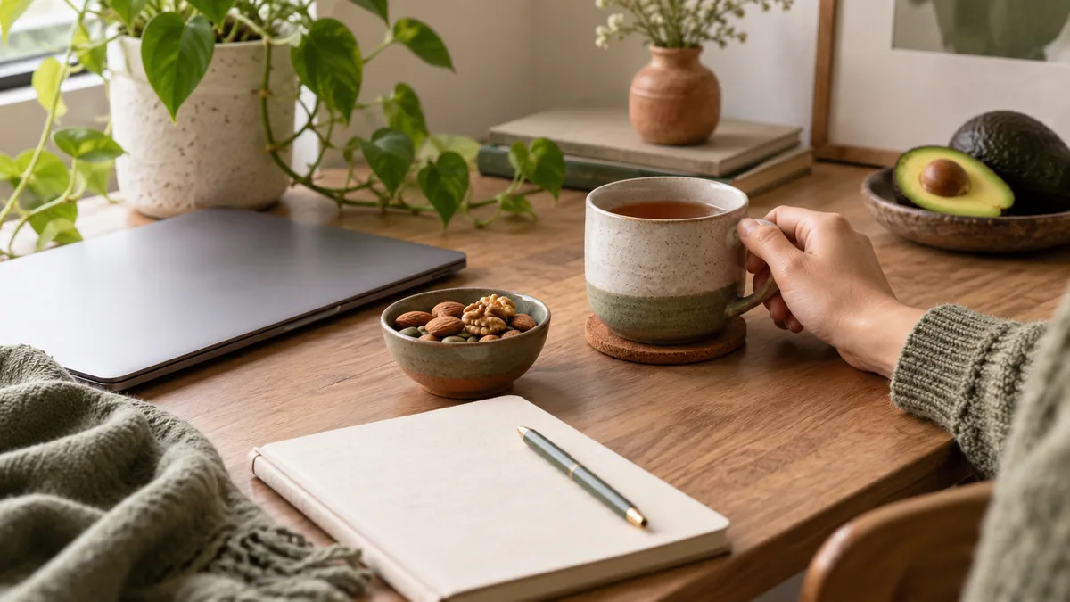 میز کار، چای و دفتر برای نمایش وقفه‌ای در روز پرمشغله
