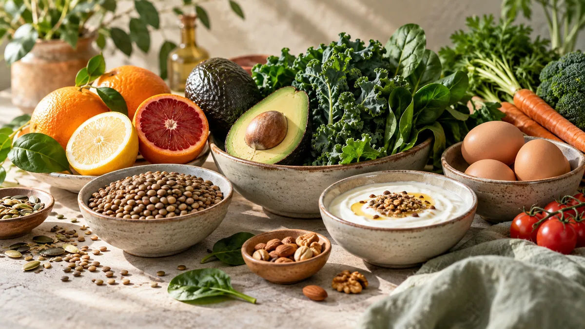 تنوع مواد غذایی شامل میوه، سبزی، تخممرغ و حبوبات