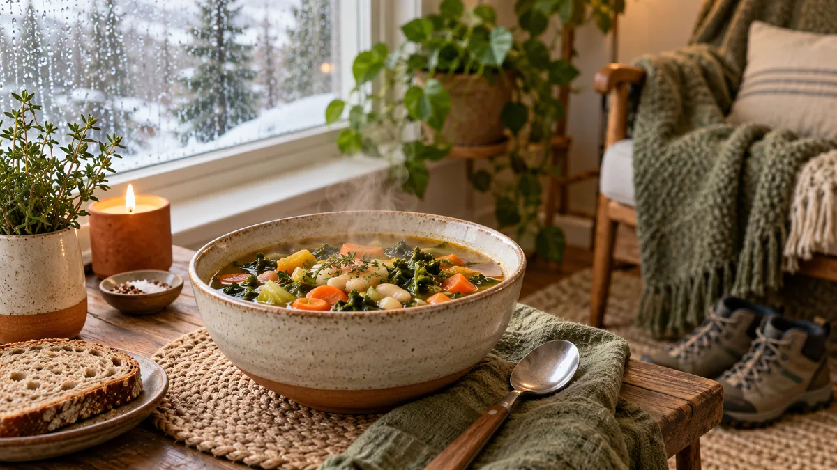 سوپ خانگی و فضای گرم خانه در روز زمستانی