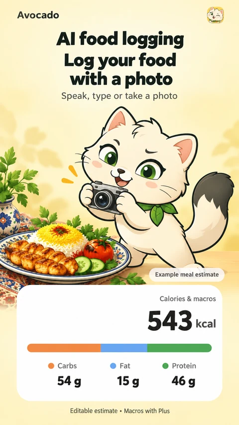 Food logging with a photo, voice or text; review estimated calories and portions before saving